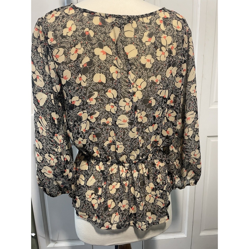 Lily Rose Floral Print Peplum Blouse Women Size M Black Cream Pink Lace Detail